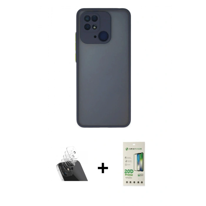 MARSİLYAN™- Redmi 10C Kılıf Ahenk Çizgi Serisi - Siyah 20D Premium Cam Ekran Koruyucu + Kamera Lens Koruma Cam - SF