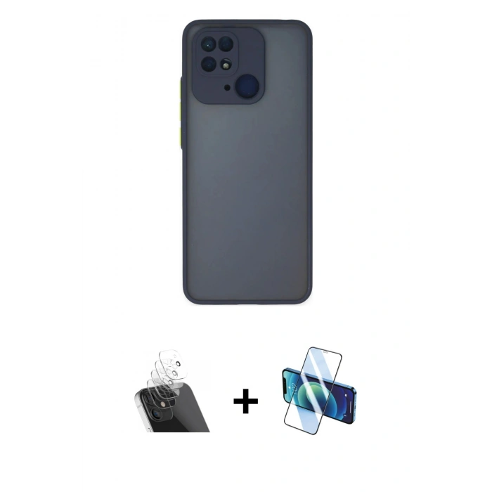 MARSİLYAN™- Redmi 10C Kılıf Ahenk Çizgi Serisi - Siyah 3D Antistatik Cam Ekran Koruyucu + Kamera Lens Koruma Cam - SF