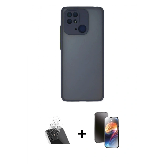 MARSİLYAN™- Redmi 10C Kılıf Ahenk Çizgi Serisi - Siyah 3D Antistatik Mat Seramik Nano Ekran Koruyucu + Kamera Lens Koruma Cam - SF