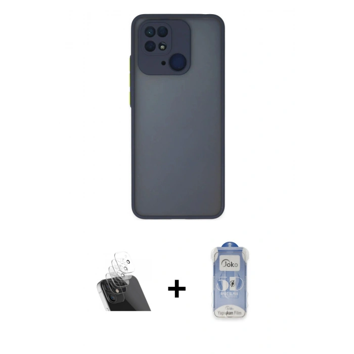 MARSİLYAN™- Redmi 10C Kılıf Ahenk Çizgi Serisi - Siyah Joko Magic 5D Cam + Şeffaf Kamera Lens Koruma Cam