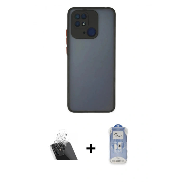 MARSİLYAN™- Redmi 10C Kılıf Ahenk Çizgi Serisi - Siyah Joko Magic 5D Cam + Şeffaf Kamera Lens Koruma Cam