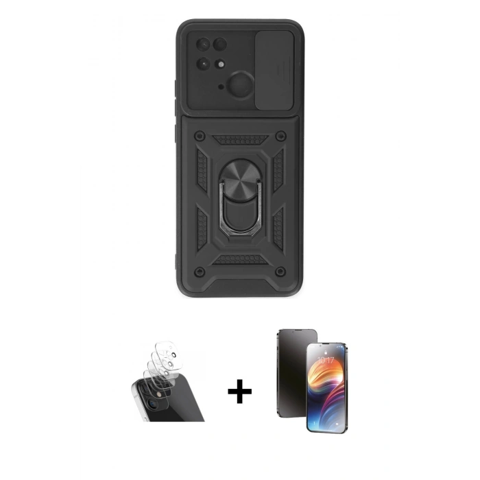 MARSİLYAN™- Redmi 10C Kılıf Ahenk Klasik - Siyah 3D Antistatik Mat Seramik Nano Ekran Koruyucu + Kamera Lens Koruma Cam - SF