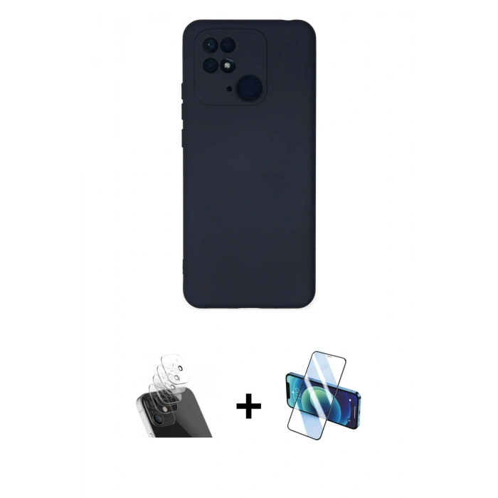 MARSİLYAN™- Redmi 10C Kılıf Ahenk Serisi - Siyah 3D Antistatik Cam Ekran Koruyucu + Kamera Lens Koruma Cam - SF