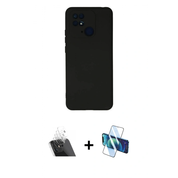 MARSİLYAN™- Redmi 10C Kılıf Ahenk Serisi - Siyah 3D Antistatik Cam Ekran Koruyucu + Kamera Lens Koruma Cam - SF