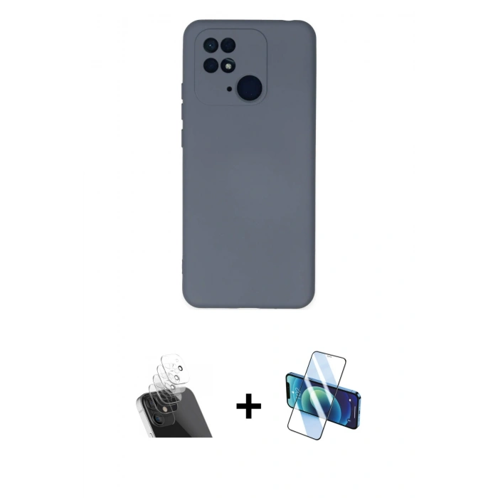 MARSİLYAN™- Redmi 10C Kılıf Ahenk Serisi - Siyah 3D Antistatik Cam Ekran Koruyucu + Kamera Lens Koruma Cam - SF