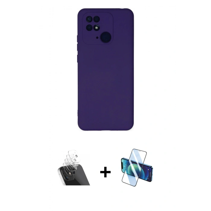 MARSİLYAN™- Redmi 10C Kılıf Ahenk Serisi - Siyah 3D Antistatik Cam Ekran Koruyucu + Kamera Lens Koruma Cam - SF