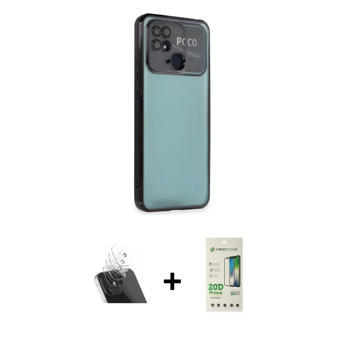 MARSİLYAN™- Redmi 10C Kılıf Vadi Minimal - Siyah 20D Premium Cam Ekran Koruyucu + Şeffaf Kamera Lens Koruma Cam