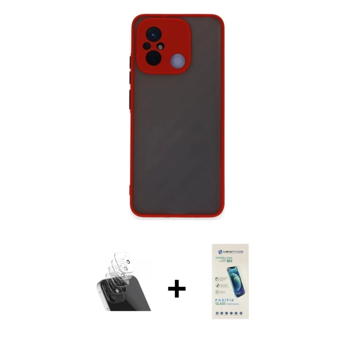 MARSİLYAN™- Redmi 12C Kılıf Ahenk Çizgi Serisi - Şeffaf Pasifik Cam Ekran Koruyucu + Şeffaf Kamera Lens Koruma Cam