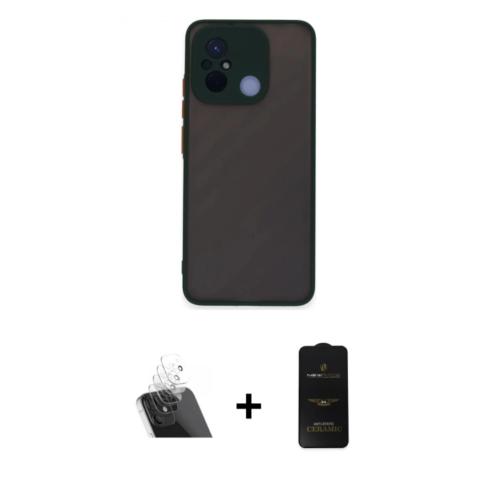 MARSİLYAN™- Redmi 12C Kılıf Ahenk Çizgi Serisi - Siyah 6D Antistatik Mat Seramik Hayalet Nano Ekran Koruyucu + Kamera Lens Koruma Cam - SF