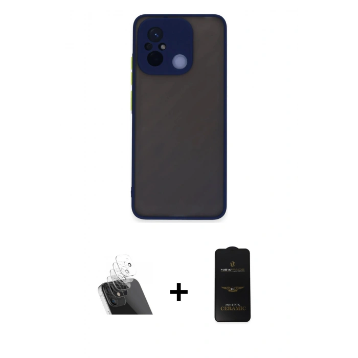 MARSİLYAN™- Redmi 12C Kılıf Ahenk Çizgi Serisi - Siyah 6D Antistatik Mat Seramik Hayalet Nano Ekran Koruyucu + Kamera Lens Koruma Cam - SF