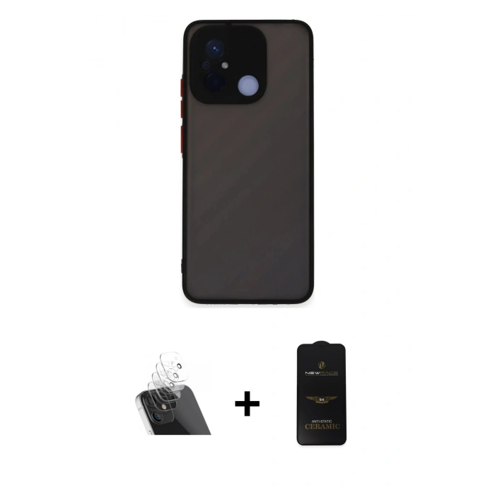 MARSİLYAN™- Redmi 12C Kılıf Ahenk Çizgi Serisi - Siyah 6D Antistatik Mat Seramik Hayalet Nano Ekran Koruyucu + Kamera Lens Koruma Cam - SF