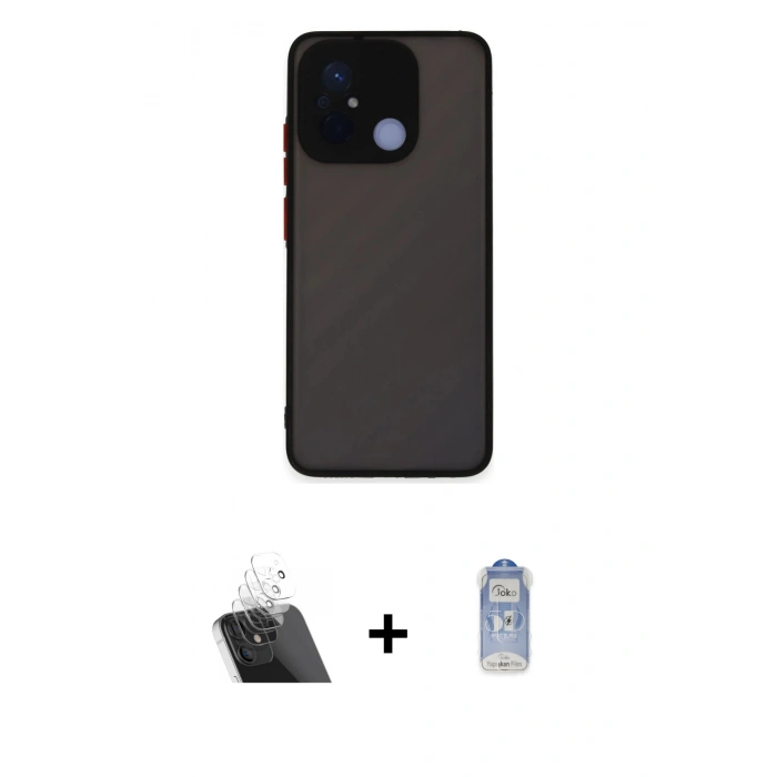 MARSİLYAN™- Redmi 12C Kılıf Ahenk Çizgi Serisi - Siyah Joko Magic 5D Cam + Kamera Lens Koruma Cam - SF