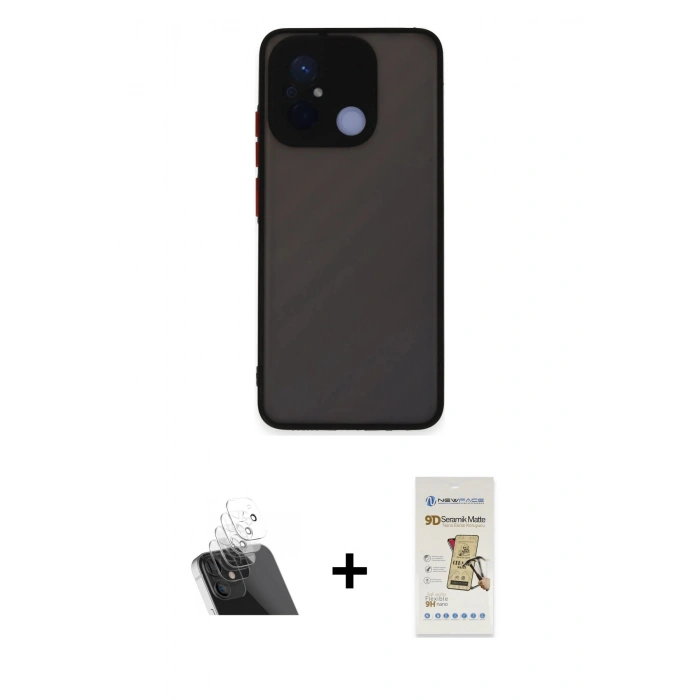MARSİLYAN™- Redmi 12C Kılıf Ahenk Çizgi Serisi - Siyah Mat Seramik Nano Ekran Koruyucu + Kamera Lens Koruma Cam - SF