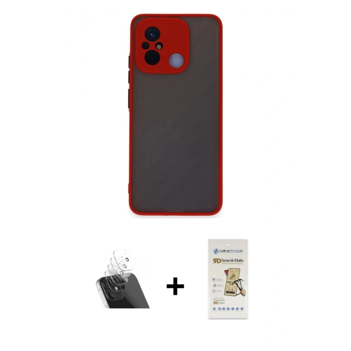 MARSİLYAN™- Redmi 12C Kılıf Ahenk Çizgi Serisi - Siyah Mat Seramik Nano Ekran Koruyucu + Kamera Lens Koruma Cam - SF