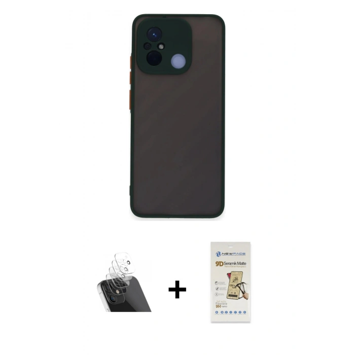 MARSİLYAN™- Redmi 12C Kılıf Ahenk Çizgi Serisi - Siyah Mat Seramik Nano Ekran Koruyucu + Kamera Lens Koruma Cam - SF