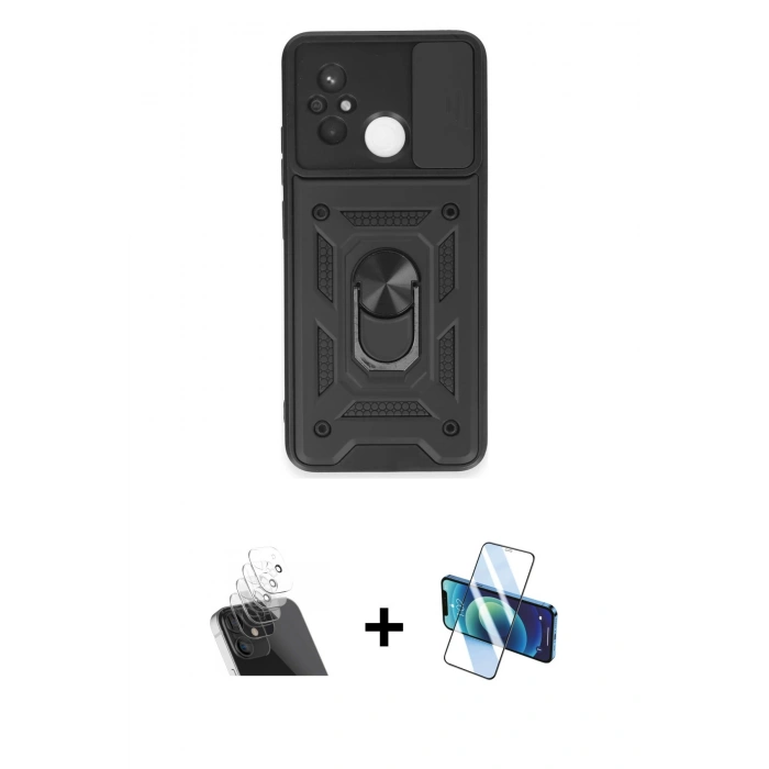 MARSİLYAN™- Redmi 12C Kılıf Ahenk Klasik - Siyah 3D Antistatik Cam Ekran Koruyucu + Kamera Lens Koruma Cam - SF