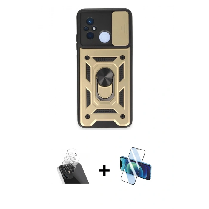 MARSİLYAN™- Redmi 12C Kılıf Ahenk Klasik - Siyah 3D Antistatik Cam Ekran Koruyucu + Kamera Lens Koruma Cam - SF