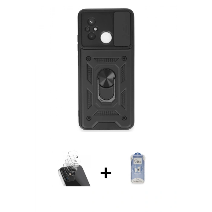 MARSİLYAN™- Redmi 12C Kılıf Ahenk Klasik - Siyah Joko Magic 5D Cam + Şeffaf Kamera Lens Koruma Cam