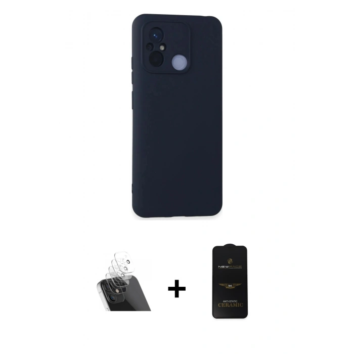 MARSİLYAN™- Redmi 12C Kılıf Ahenk Serisi - Siyah 6D Antistatik Mat Seramik Hayalet Nano Ekran Koruyucu + Kamera Lens Koruma Cam - SF