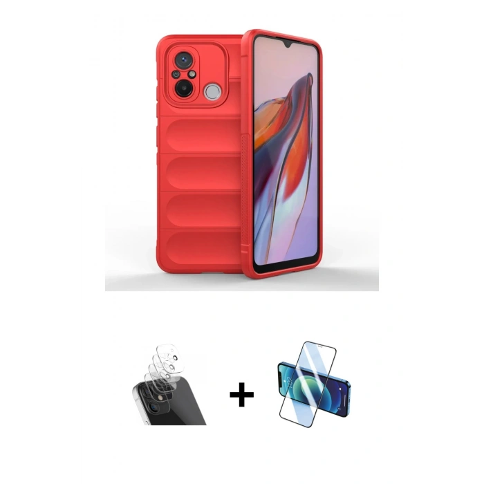 MARSİLYAN™- Redmi 12C Kılıf Atlas Koleksiyonu - Siyah 3D Antistatik Cam Ekran Koruyucu + Kamera Lens Koruma Cam - SF