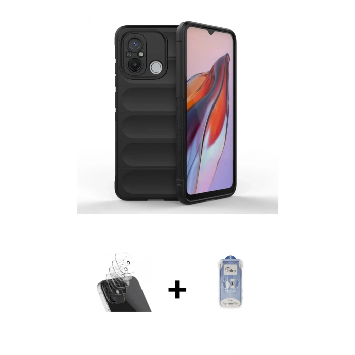 MARSİLYAN™- Redmi 12C Kılıf Atlas Koleksiyonu - Siyah Joko Magic 5D Cam + Kamera Lens Koruma Cam - SF