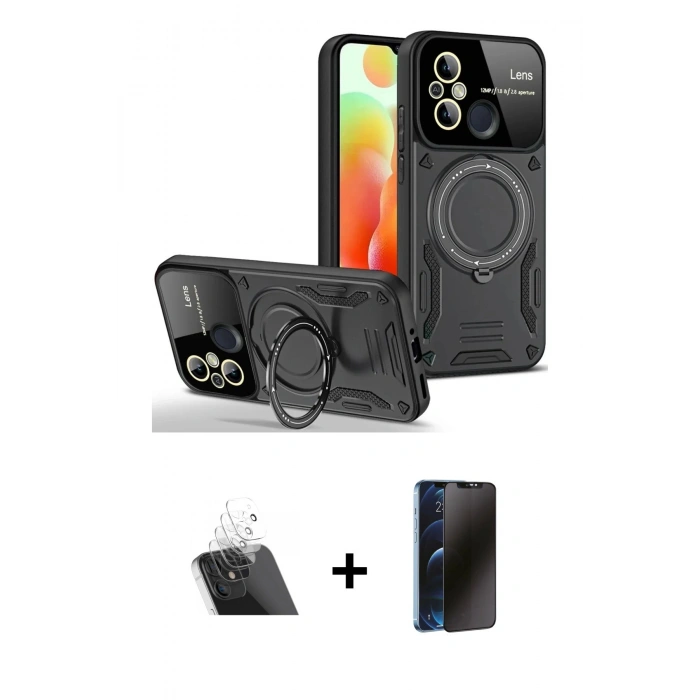 MARSİLYAN™- Redmi 12C Kılıf Kıvılcım Modern Serisi - Siyah 3D Antistatik Hayalet Cam Ekran Koruyucu + Kamera Lens Koruma Cam - SF