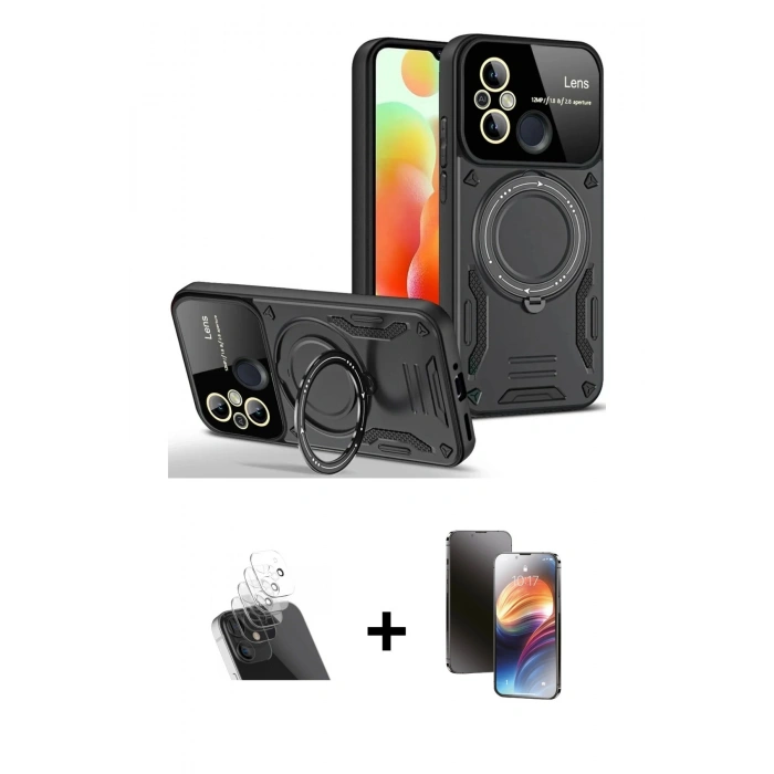 MARSİLYAN™- Redmi 12C Kılıf Kıvılcım Modern Serisi - Siyah 3D Antistatik Mat Seramik Nano Ekran Koruyucu + Kamera Lens Koruma Cam - SF