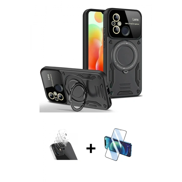 MARSİLYAN™- Redmi 12C Kılıf Kıvılcım Modern Serisi - Siyah 3D Antistatik Seramik Nano Ekran Koruyucu + Kamera Lens Koruma Cam - SF