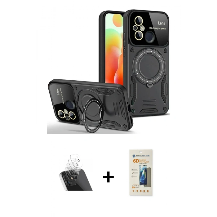 MARSİLYAN™- Redmi 12C Kılıf Kıvılcım Modern Serisi - Siyah 6D Mat Seramik Hayalet Nano Ekran Koruyucu + Kamera Lens Koruma Cam - SF