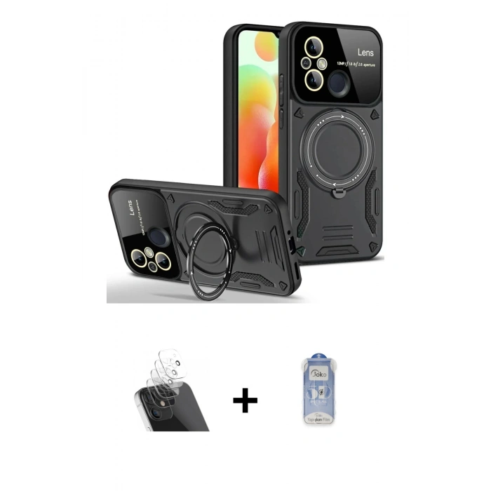 MARSİLYAN™- Redmi 12C Kılıf Kıvılcım Modern Serisi - Siyah Joko Magic 5D Cam + Kamera Lens Koruma Cam - SF
