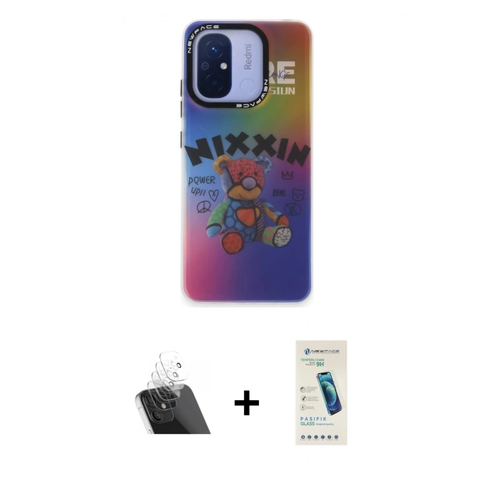 MARSİLYAN™- Redmi 12C Kılıf Siluet Çizgi Koleksiyonu - Şeffaf Pasifik Cam Ekran Koruyucu + Şeffaf Kamera Lens Koruma Cam