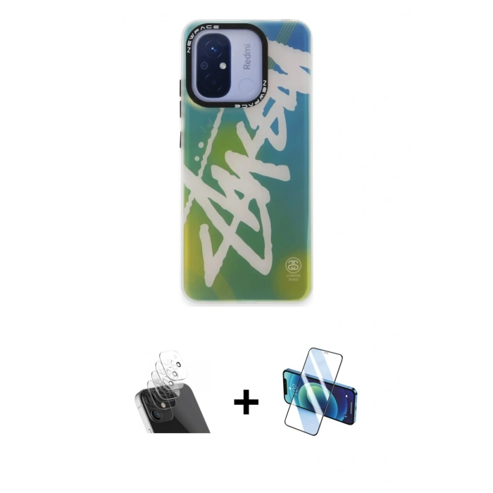 MARSİLYAN™- Redmi 12C Kılıf Siluet Çizgi Koleksiyonu - Siyah 3D Antistatik Cam Ekran Koruyucu + Kamera Lens Koruma Cam - SF