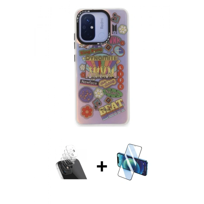 MARSİLYAN™- Redmi 12C Kılıf Siluet Çizgi Koleksiyonu - Siyah 3D Antistatik Cam Ekran Koruyucu + Kamera Lens Koruma Cam - SF