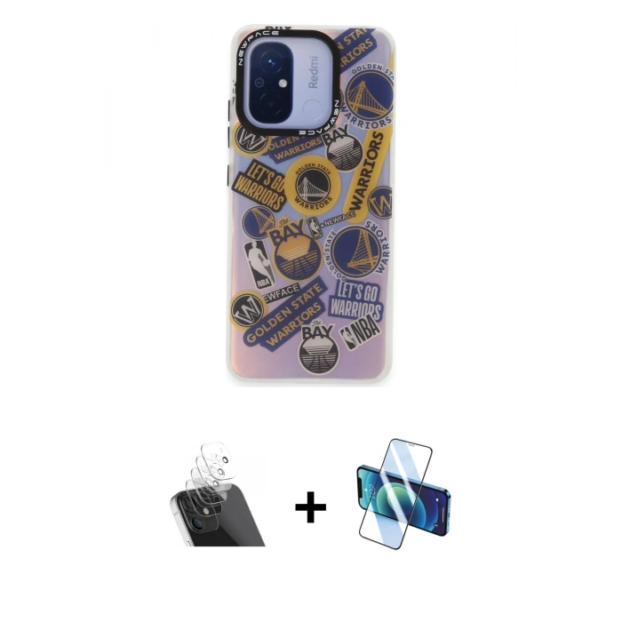 MARSİLYAN™- Redmi 12C Kılıf Siluet Çizgi Koleksiyonu - Siyah 3D Antistatik Cam Ekran Koruyucu + Kamera Lens Koruma Cam - SF