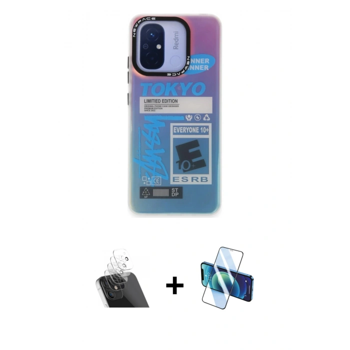 MARSİLYAN™- Redmi 12C Kılıf Siluet Çizgi Koleksiyonu - Siyah 3D Antistatik Cam Ekran Koruyucu + Kamera Lens Koruma Cam - SF