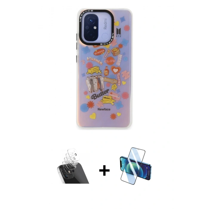 MARSİLYAN™- Redmi 12C Kılıf Siluet Çizgi Koleksiyonu - Siyah 3D Antistatik Cam Ekran Koruyucu + Kamera Lens Koruma Cam - SF