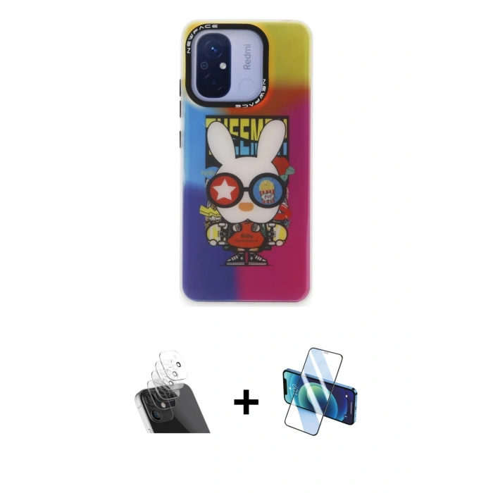 MARSİLYAN™- Redmi 12C Kılıf Siluet Çizgi Koleksiyonu - Siyah 3D Antistatik Cam Ekran Koruyucu + Kamera Lens Koruma Cam - SF