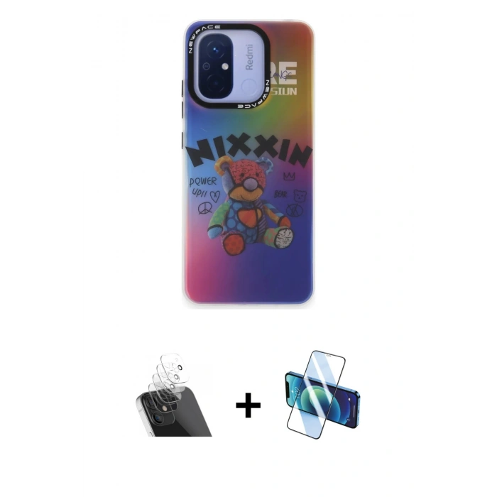 MARSİLYAN™- Redmi 12C Kılıf Siluet Çizgi Koleksiyonu - Siyah 3D Antistatik Cam Ekran Koruyucu + Kamera Lens Koruma Cam - SF