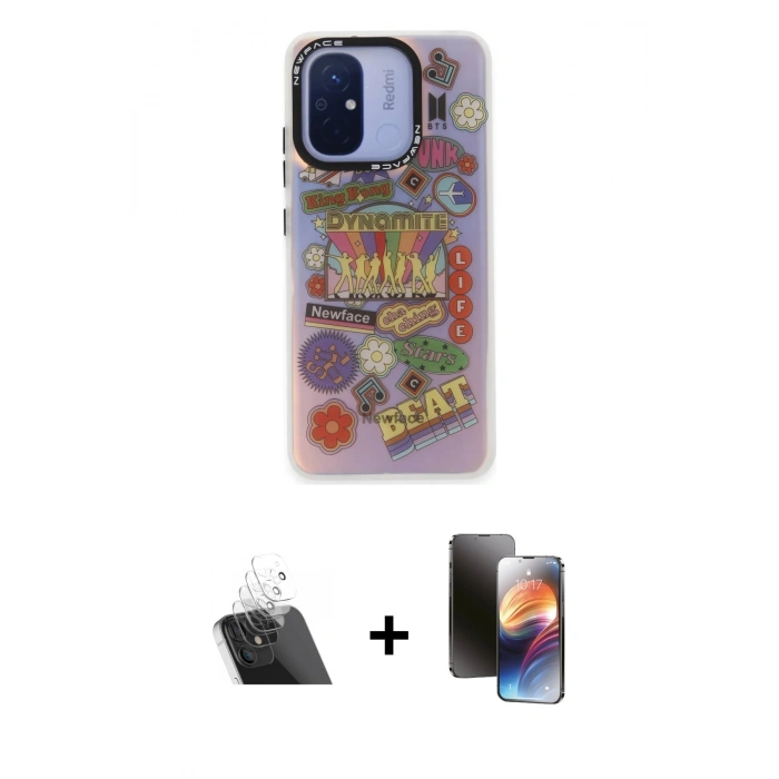 MARSİLYAN™- Redmi 12C Kılıf Siluet Çizgi Koleksiyonu - Siyah 3D Antistatik Mat Seramik Nano Ekran Koruyucu + Kamera Lens Koruma Cam - SF