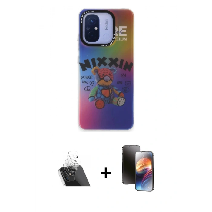 MARSİLYAN™- Redmi 12C Kılıf Siluet Çizgi Koleksiyonu - Siyah 3D Antistatik Mat Seramik Nano Ekran Koruyucu + Kamera Lens Koruma Cam - SF