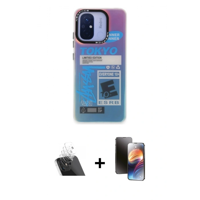 MARSİLYAN™- Redmi 12C Kılıf Siluet Çizgi Koleksiyonu - Siyah 3D Antistatik Mat Seramik Nano Ekran Koruyucu + Kamera Lens Koruma Cam - SF