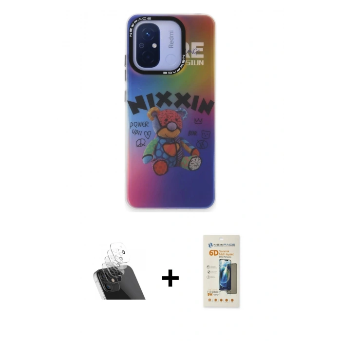 MARSİLYAN™- Redmi 12C Kılıf Siluet Çizgi Koleksiyonu - Siyah 6D Mat Seramik Hayalet Nano Ekran Koruyucu + Kamera Lens Koruma Cam - SF