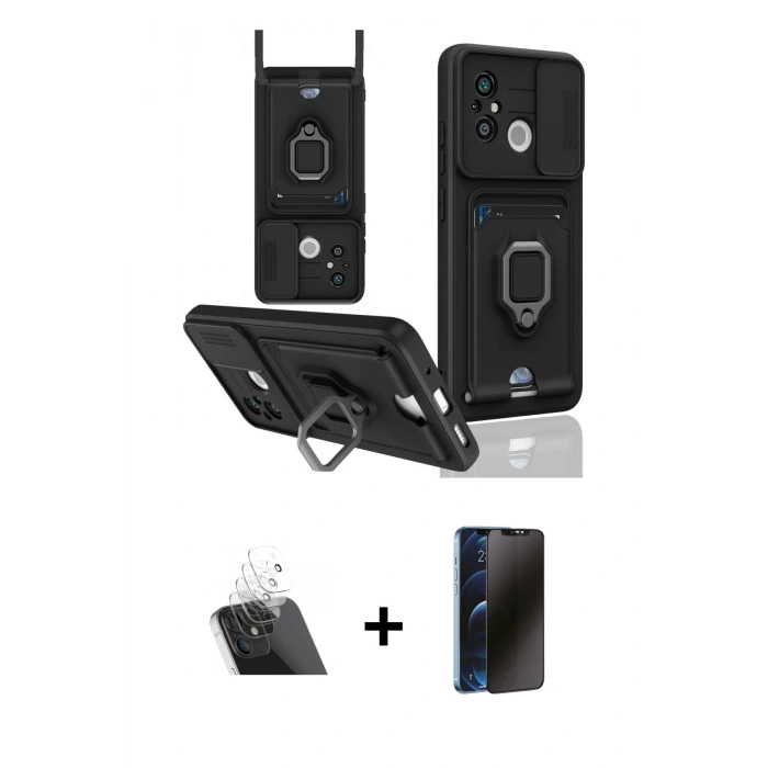 MARSİLYAN™- Redmi 12C Kılıf Vadi Form Prime - Siyah 3D Antistatik Hayalet Cam Ekran Koruyucu + Kamera Lens Koruma Cam - SF