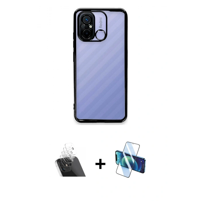 MARSİLYAN™- Redmi 12C Kılıf Vadi Minimal - Siyah 3D Antistatik Seramik Nano Ekran Koruyucu + Kamera Lens Koruma Cam - SF