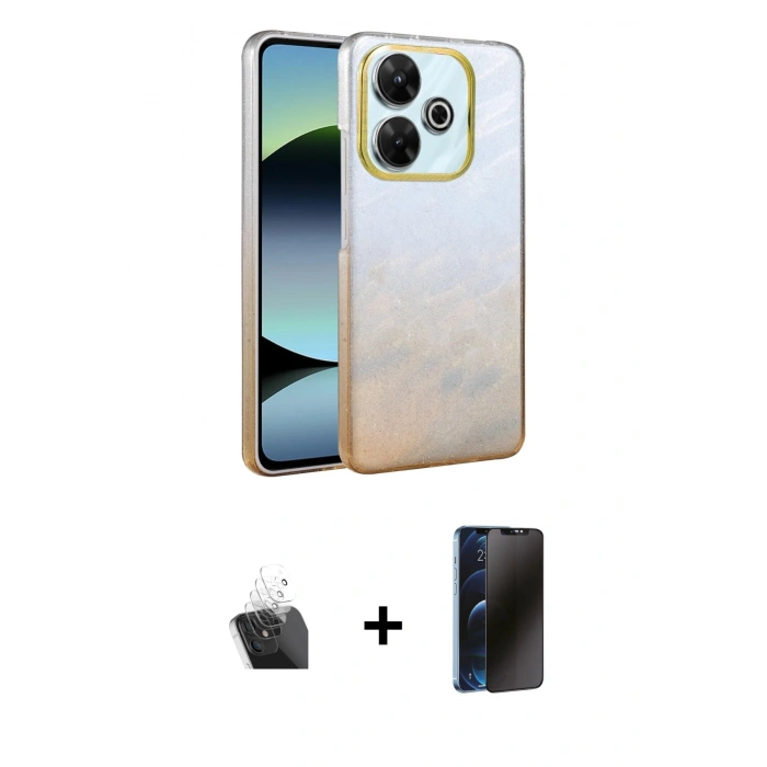 MARSİLYAN™- Redmi 13 4G Kılıf Kıvılcım Minimal Özel Seri - Siyah 3D Antistatik Hayalet Cam Ekran Koruyucu + Kamera Lens Koruma Cam - SF