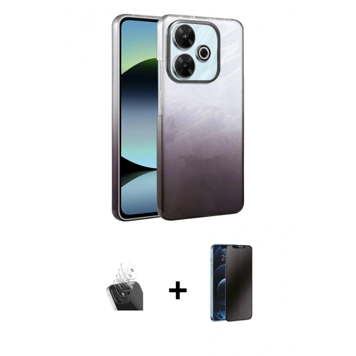 MARSİLYAN™- Redmi 13 4G Kılıf Kıvılcım Minimal Özel Seri - Siyah 3D Antistatik Hayalet Cam Ekran Koruyucu + Kamera Lens Koruma Cam - SF