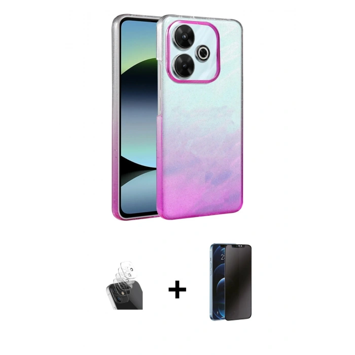 MARSİLYAN™- Redmi 13 4G Kılıf Kıvılcım Minimal Özel Seri - Siyah 3D Antistatik Hayalet Cam Ekran Koruyucu + Kamera Lens Koruma Cam - SF
