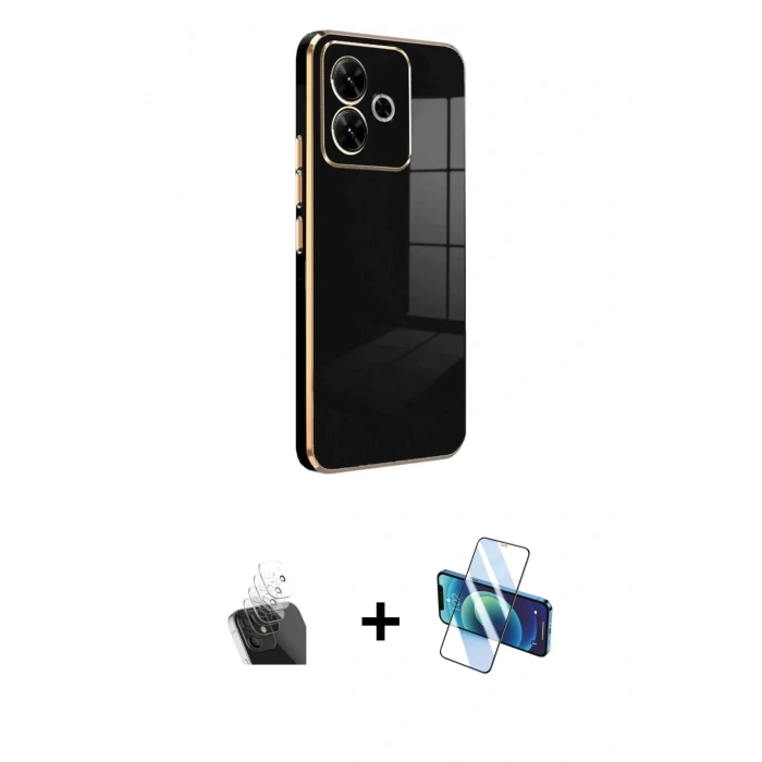 MARSİLYAN™- Redmi 13 4G Kılıf Yankı Serisi - Siyah 3D Antistatik Cam Ekran Koruyucu + Kamera Lens Koruma Cam - SF