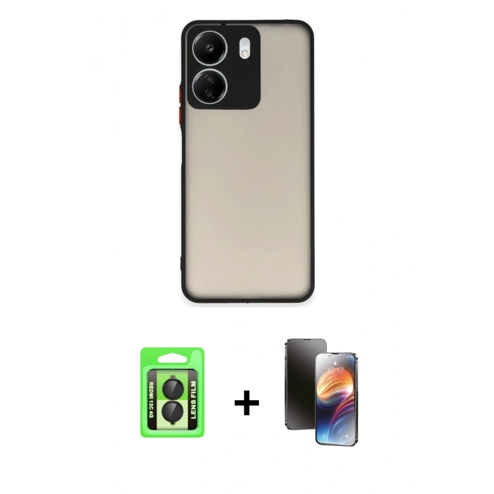 MARSİLYAN™- Redmi 13C Kılıf Ahenk Çizgi Serisi - Siyah 3D Antistatik Mat Seramik Nano Ekran Koruyucu + Raze Metal Kamera Lens - SH