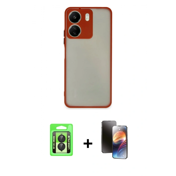 MARSİLYAN™- Redmi 13C Kılıf Ahenk Çizgi Serisi - Siyah 3D Antistatik Mat Seramik Nano Ekran Koruyucu + Raze Metal Kamera Lens - SH